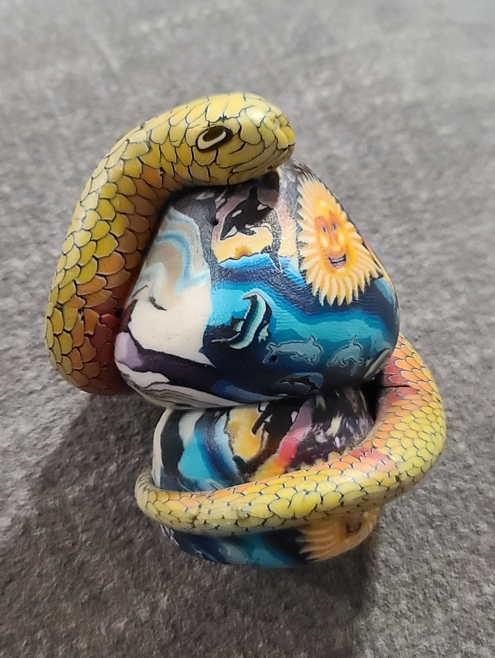 Polymer Clay Snake On Galaxy Mushroom, Symbolic